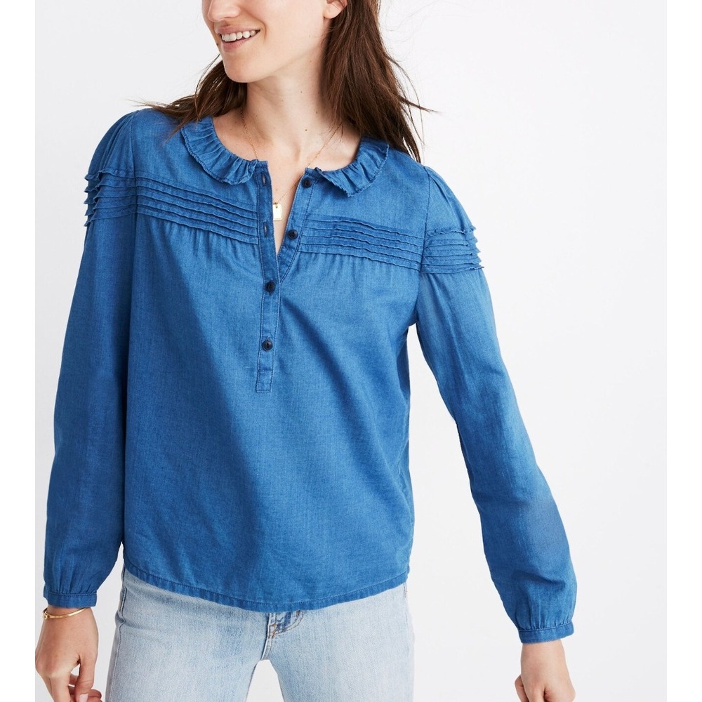 Madewell Indigo‎ Ruffle-Collar Pintuck Popover Top Womens XS Blue Cottage Cotton